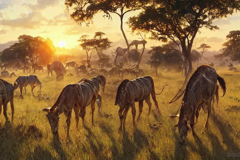 Prompt: a herd of pentasaurus grazing in a warm, sun-filled Savannah at the golden hour, water color, art by artgerm and greg rutkowski and alphonse mucha and jin xiaodi and anthony devine