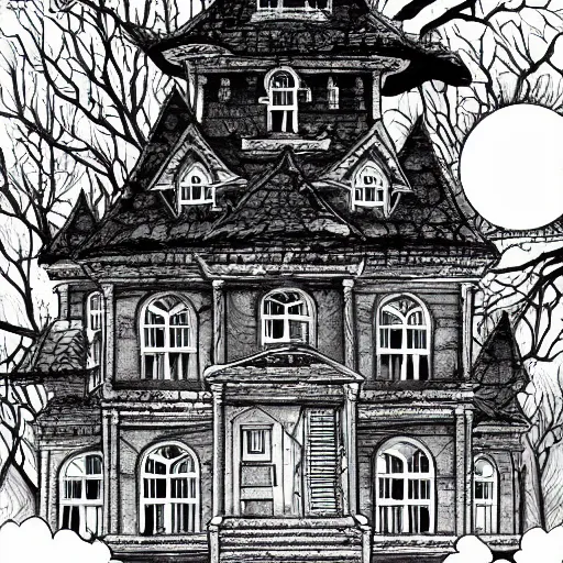 Image similar to spooky swamp mansion, black and white, pencil illustration, comic art, artstation