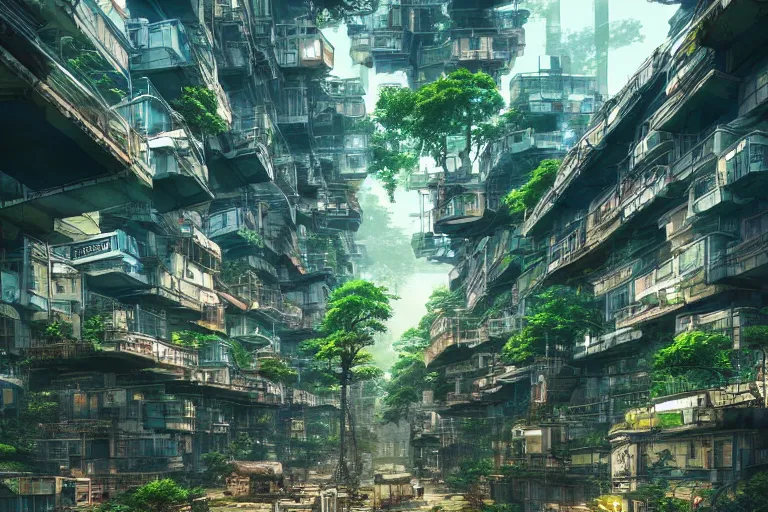 Image similar to solarpunk kowloon walled forest city, still from studio ghibli anime movie, cyberpunk tree house, walkways, bridges, pedestrians, robots, rivers, digital art, artgerm, trending on artstation