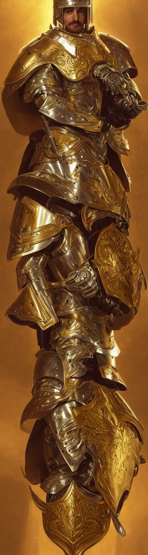 Image similar to Portrait of Pedro Perestrello as a paladin wearing gold full plate armor and wielding a shield, fantasy, intricate, elegant, highly detailed, digital painting, artstation, concept art, matte, sharp focus, illustration, art by Artgerm and Greg Rutkowski and Alphonse Mucha
