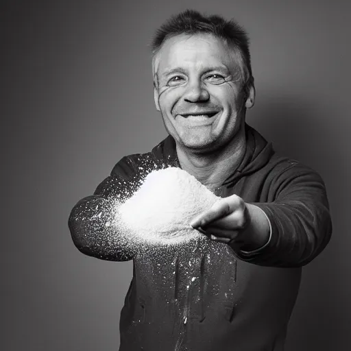 Image similar to Christoph Daum smiling at a pile of white powder, 50mm f 1.8, award winning photograph