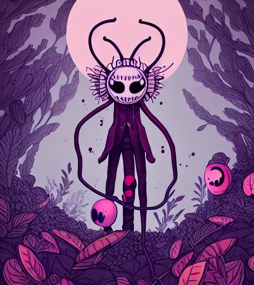 Image similar to portrait, nightmare anomalies, leaves with hollow knight by miyazaki, violet and pink and white palette, illustration, kenneth blom, mental alchemy, james jean, pablo amaringo, naudline pierre, contemporary art, hyper detailed