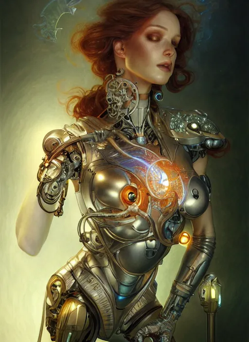 Image similar to cyborg recharging, diffuse lighting, fantasy, intricate, elegant, highly detailed, lifelike, photorealistic, digital painting, artstation, illustration, concept art, smooth, sharp focus, art by John Collier and Albert Aublet and James jean and Brian froud and ross tran and Artem Demura and Alphonse Mucha