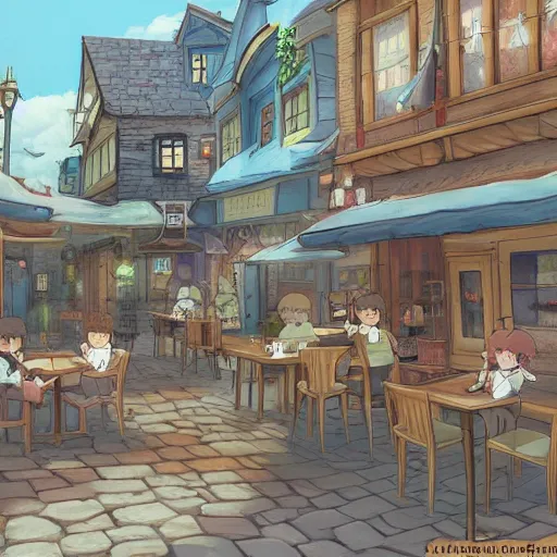 Image similar to beautiful cute cozy little cafe on a cobblestone street in a tiny town, anime style of hayao miyazaki, digital art trending on artstation