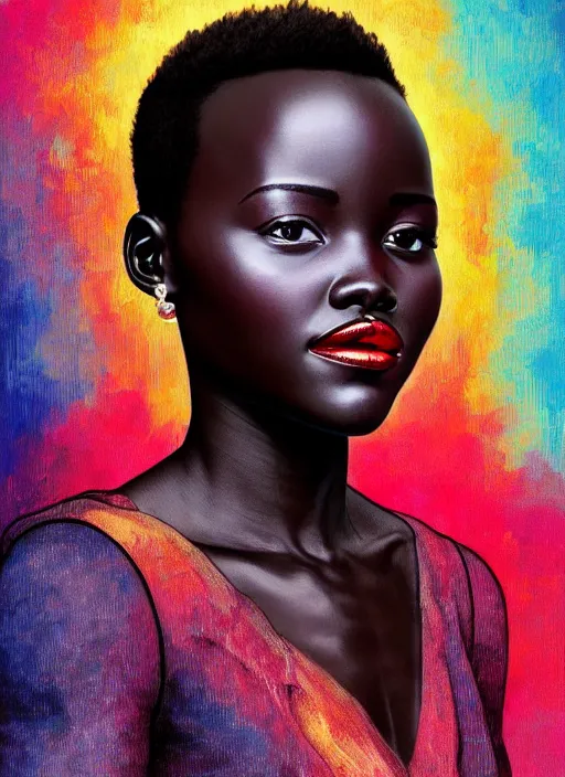 Image similar to gorgeous and beautiful lupita nyong'o, half body shot, path traced, highly detailed, high quality, digital painting, alena aenami, lilia alvarado, shinji aramaki, karol bak, alphonse mucha, tom bagshaw