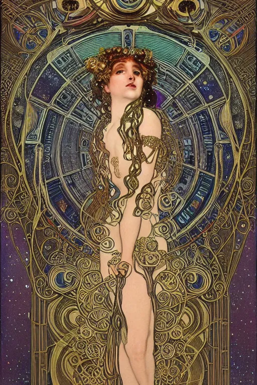 Prompt: Realistic detailed dramatic symmetrical portrait of a cosmic sorceress dancing, wearing an elaborate sci-fi gown, by Alphonse Mucha and Gustav Klimt, gilded details, spirals, comets, stars, Neo-gothic, gothic, Art Nouveau, retro science fiction cover by Kelly Freas (1965), vintage 1960 print, ornate medieval religious icon, long flowing hair spreading around her