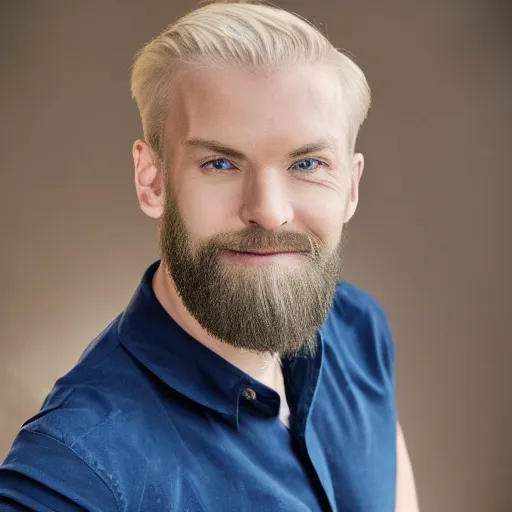 Image similar to photograph of a blond male, middle aged balding superhero, with dark blue eyes, very pale skin and a blond full beard