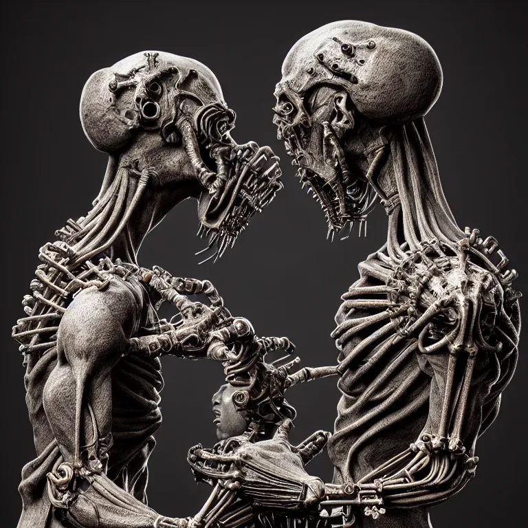 Prompt: dark biomechanical ribbed religious sculpture statue of two male cyborgs in love, in pain, suffering, baroque painting, beautiful detailed intricate insanely detailed octane render, organic 8K artistic photography, photorealistic, chiaroscuro, Raphael, Caravaggio, Giger, Beksinski, black background