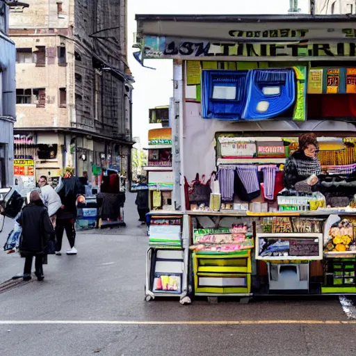 Image similar to a photo of a market stall at a street corner in the style of the film'minority report'taken from a distance, dslr