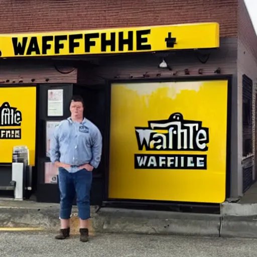 Image similar to wafflehouse employee's standing below wafflehouse sign