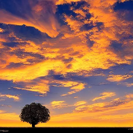 Prompt: Tree with a canopy of clouds, during sunset, by vladamir kush