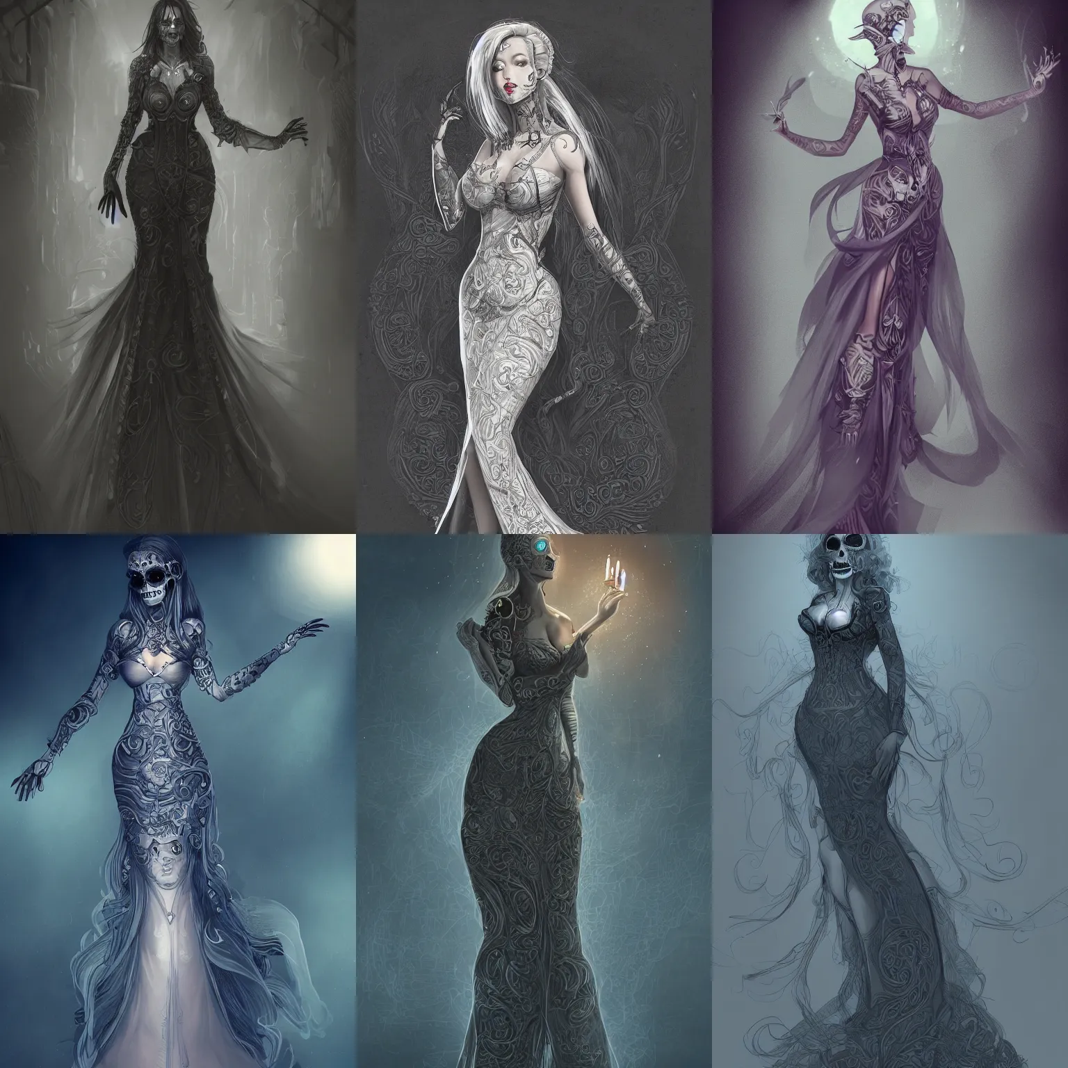 Prompt: character concept art of a beautiful female in a curvy long dress facing camera, by night, ultra intricate details, omnious style, volumetric light and fog, skulls