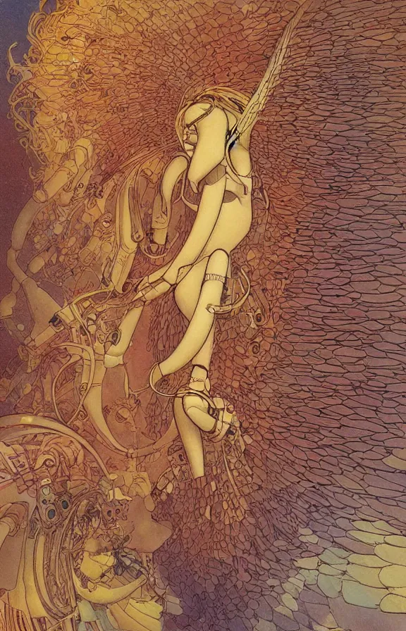 Image similar to Artwork by moebius and chichoni, Beautiful robotic angel