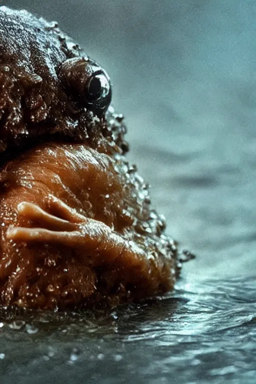 Prompt: a film still a tardigrade, close up face detail, muscular, drenched body, photography, wet dripping hair, emerging from the water