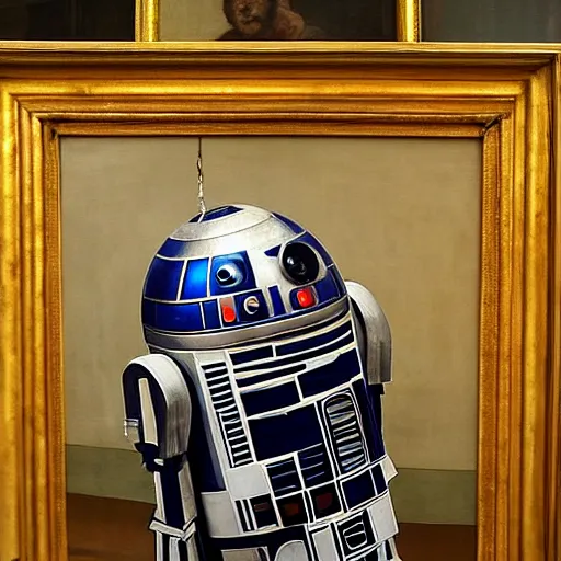 Prompt: a portrait painting of r 2 d 2 from star wars in a renaissance style hanging in the louvre