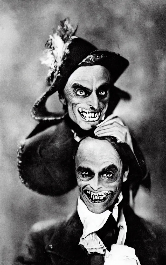 Prompt: portrait of conrad veidt the man who laughs wide grin, award winning photo, sharp color palette