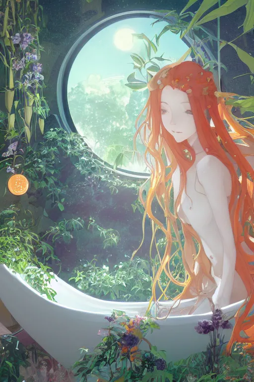 Image similar to a girl with long white hair lying in a bathroom bath at afternoon, plants, astronomical telescope, green and orange theme by krenz cushart and mucha and makoto shinkai and akihito yoshida and greg rutkowski, 4 k resolution