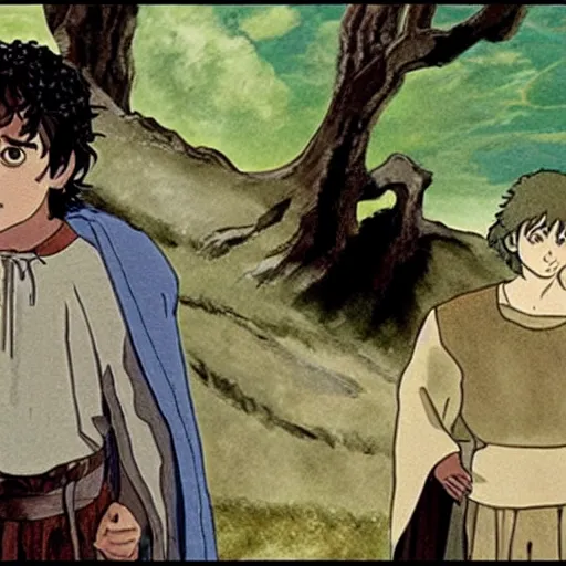 Image similar to promotional image of elijah wood as frodo in lord of the rings by studio ghibli, movie still frame
