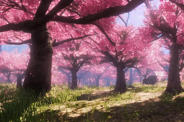 Image similar to A Cherry Blossom forest in Red Dead Redemption 2