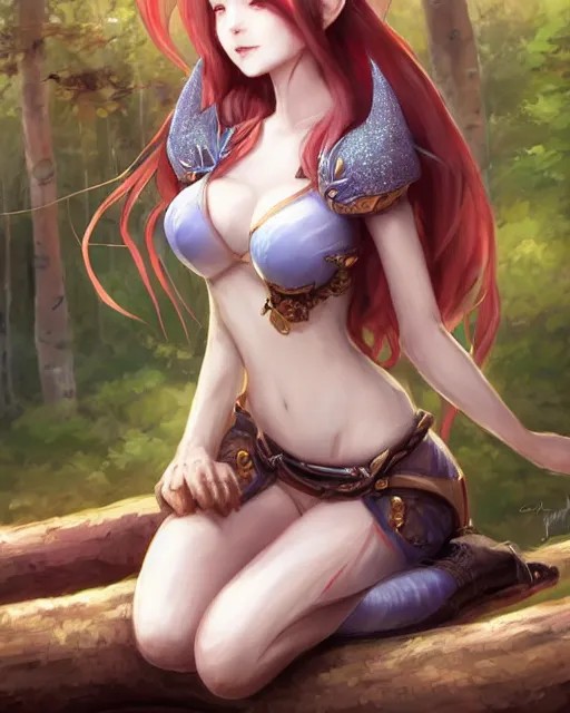 Prompt: concept art of a beautiful dragon girl hybrid, wearing tight medival clothes, sitting on a log in an aspen forest | | cute - fine - fine details by stanley artgerm lau, anime style, wlop, rossdraws, james jean, andrei riabovitchev, marc simonetti, and sakimichan, trending on artstation