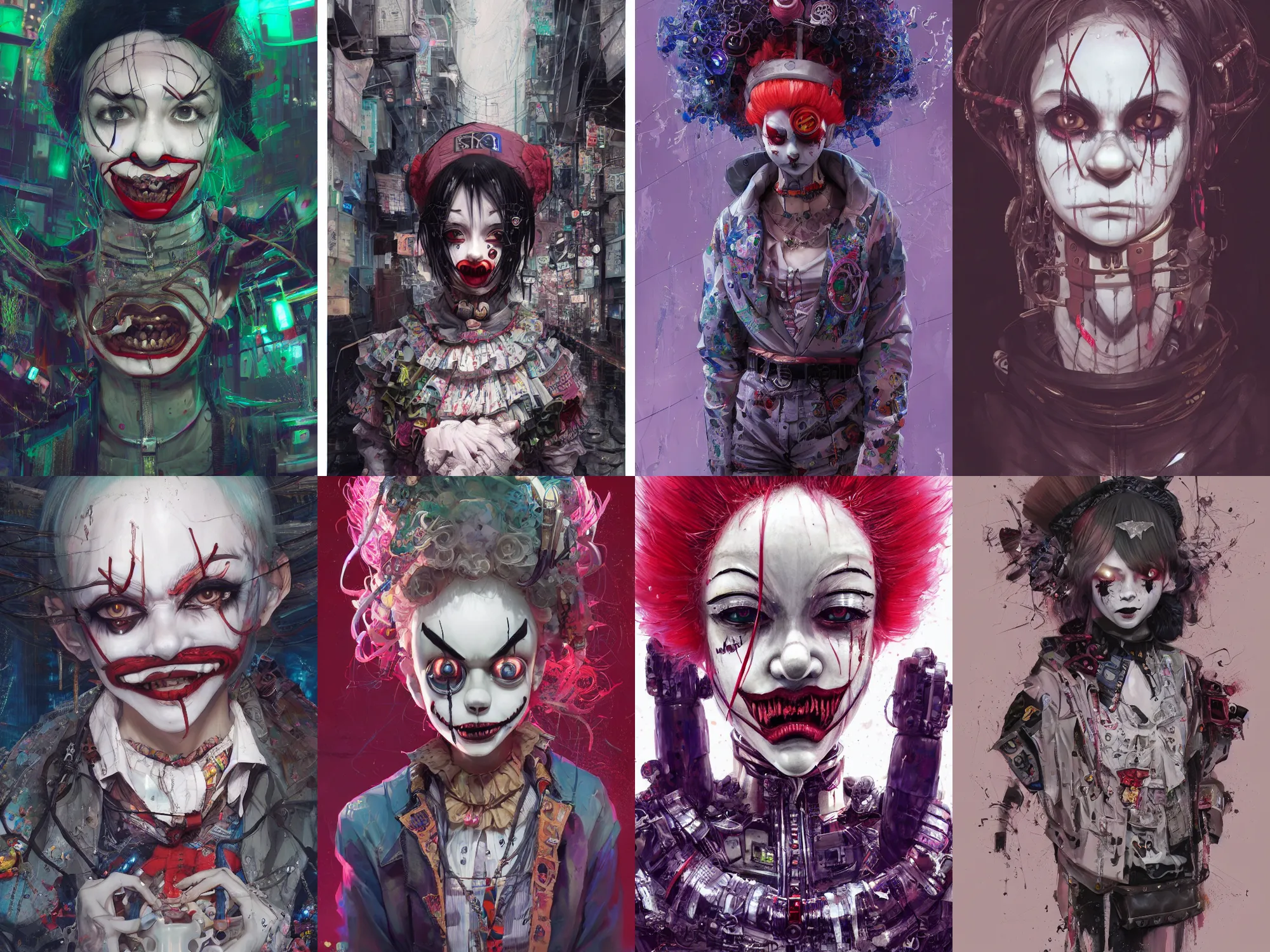 Image similar to by kyoto animation, very creepy clown girl, wearing cyberpunk intricate streetwear, beautiful, detailed portrait, intricate complexity, ilya kuvshinov, cell shaded, 4 k, concept art, by wlop, ilya kuvshinov, artgerm, krenz cushart, greg rutkowski, sharp focus, volumetric lighting, cinematic lighting, studio quality