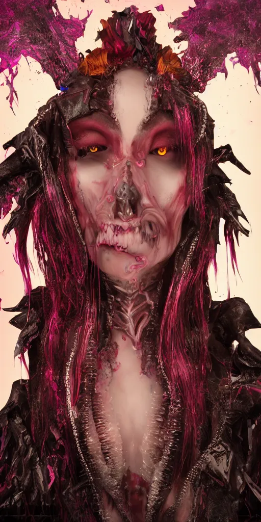 Image similar to impossibly beautiful vampire with large vampire fangs, full body, leather, intricate complexity, surreal horror, psychedelic glitch art, rainbow drip paint, trending on art station, photoreal, 8 k, octane render