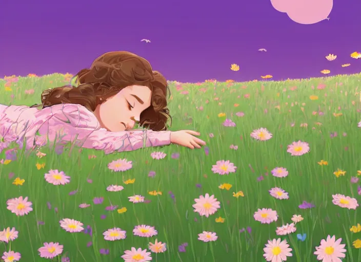 Image similar to a little girl with short wavy curly light brown hair is asleep in a flower meadow. clean cel shaded vector art. shutterstock. behance hd by lois van baarle, artgerm, helen huang, by makoto shinkai and ilya kuvshinov, rossdraws, illustration, art by ilya kuvshinov