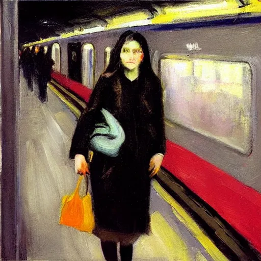 Image similar to “ a girl in the new york city subway, oil painting, by george bellows ”