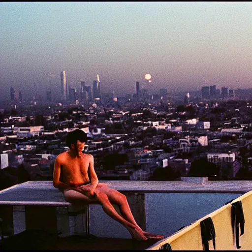 Image similar to ryan mcginley photograph, leica s, kodachrome, rooftop, los angeles, moon, downtown, echo park, lake, swans, landscape, cigarette