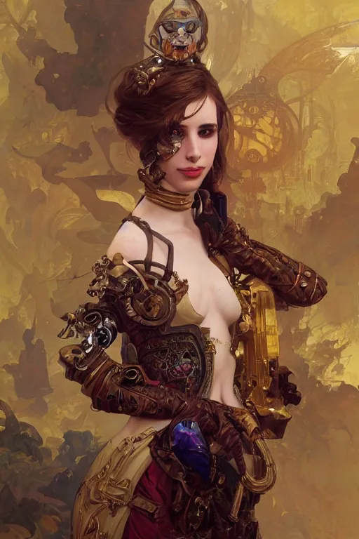 Prompt: emma roberts a baroque steampunk, augmented cyborg, half body, d & d, fantasy, intricate, elegant, highly detailed, colorful, vivid color, digital painting, artstation, concept art, art by artgerm and greg rutkowski and alphonse mucha and ruan jia