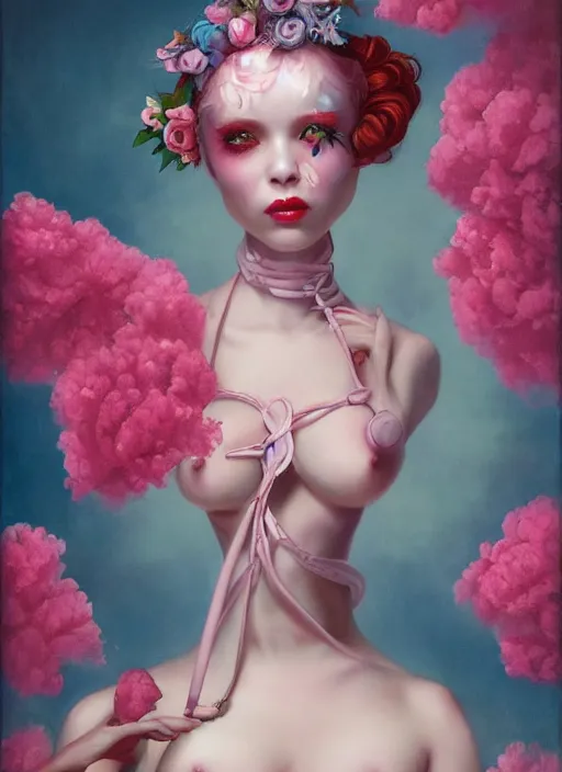 Image similar to pop surrealism, lowbrow art, realistic seductive cute woman profile figure painting, pink body harness, japanese shibari with blue flowers, hyper realism, muted colours, rococo, natalie shau, loreta lux, tom bagshaw, mark ryden, trevor brown style,