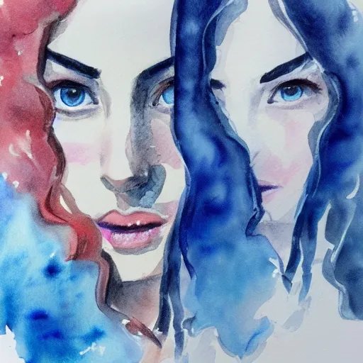 Image similar to water color on paper, gemini girl portrait, highly detailed, artstation, masterpiece, award - winning,