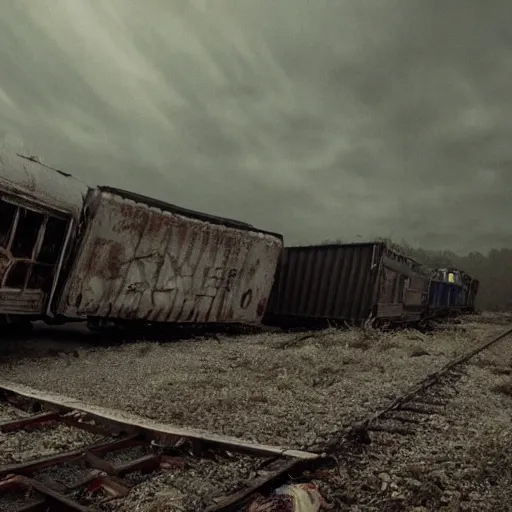 Image similar to trainwreck, boxcar destruction, atmospheric and depressed, post-apocalyptic, Cinematic, film still from a horror movie