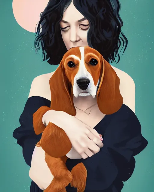 Image similar to happy birthday postcard in a style of Neil Gaiman book , black haired girl holding a beagle puppy, trending on artstation, 8k, highly detailed