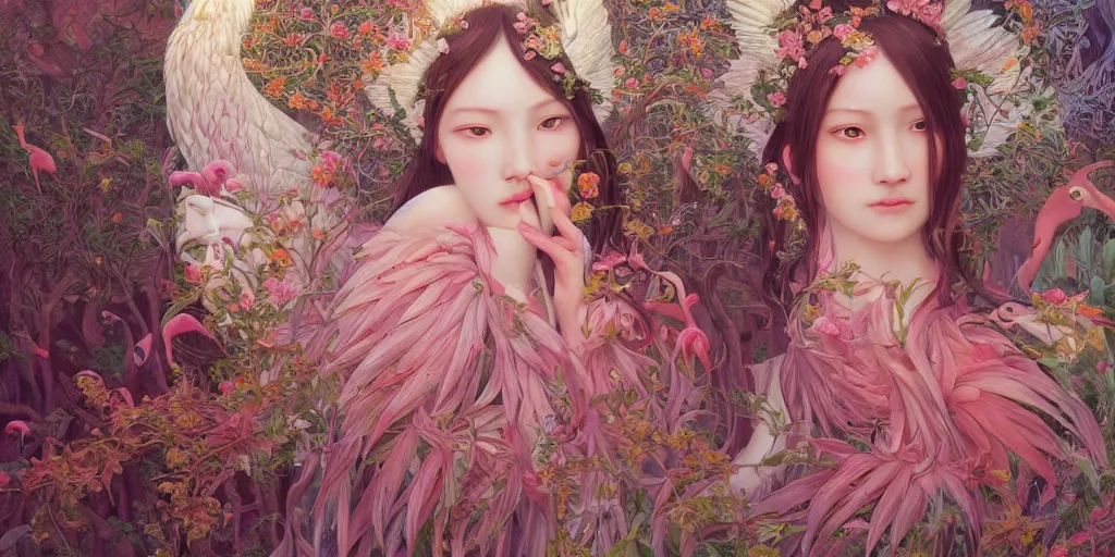 Image similar to breathtaking detailed concept art painting of the goddess of flamingo, orthodox saint, with anxious, piercing eyes, ornate background, amalgamation of leaves and flowers, by Hsiao-Ron Cheng and John James Audubon and Miho Hirano, extremely moody lighting, 8K