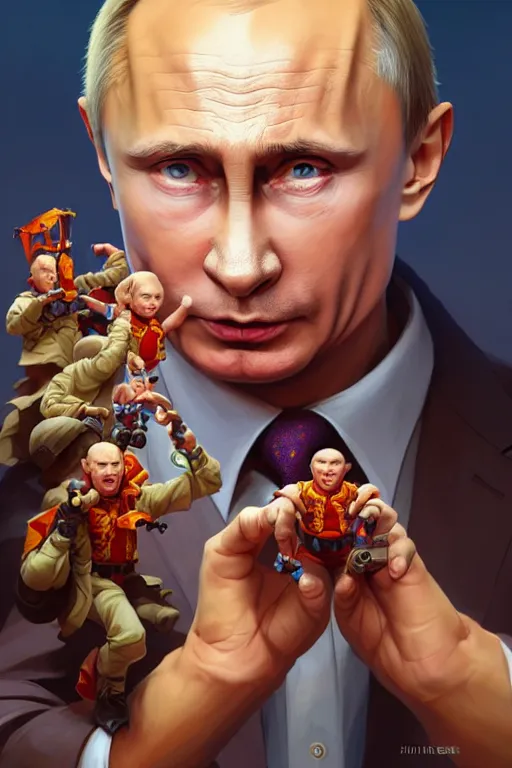 Image similar to a highly detailed beautiful portrait of Vladimir Putin playing with toys, highly detailed, 2d game fanart behance hd by Jesper Ejsing, by RHADS, Makoto Shinkaih and Lois van baarle, ilya kuvshinov, rossdraws global illumination, cinematic, hyper-realistic, depth of field, coherent, high definition, 8k resolution octane renderer, artstation