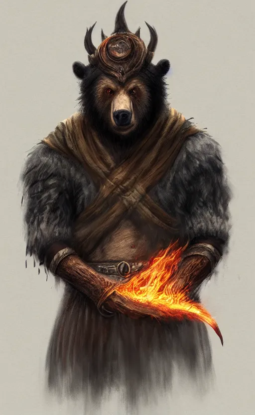 Prompt: portrait of a bear beast - man wearing a turban, with fire in his eyes, wear bloodborne, concept art trending on artstation photorealistic image 8 k