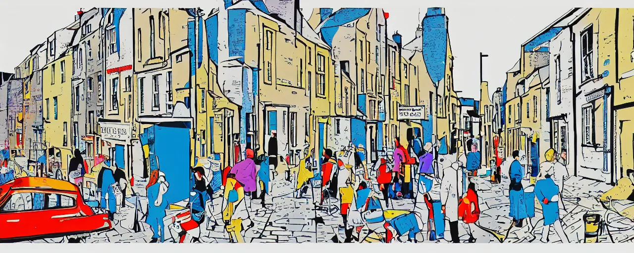 Prompt: a Screen print of street life in kirkwall orkney, flat color, bold shapes, poster