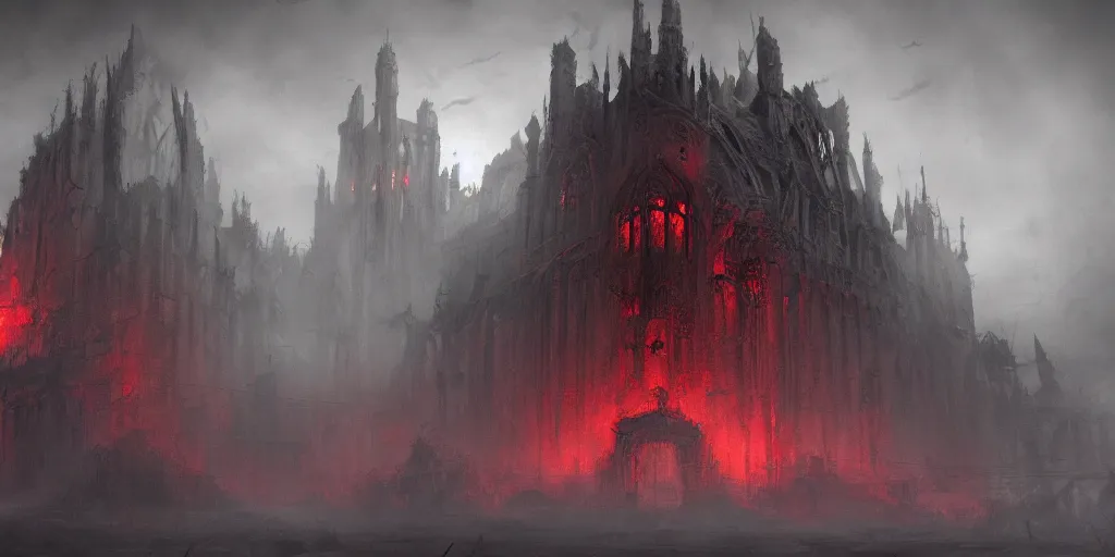 Prompt: grimdark chaos fortress, ruined, terrifying architecture, looming, dark, fog, atmospheric red lighting, dark souls, hyperrealistic, artstation