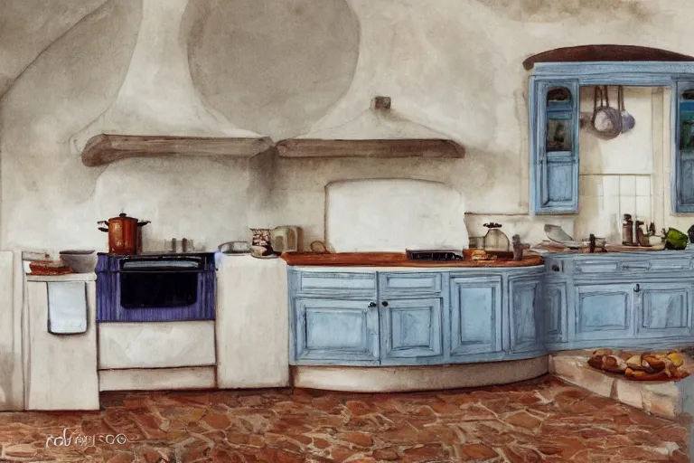 Prompt: Photography of Provence style kitchen with sleeping cat in the center, photorealism