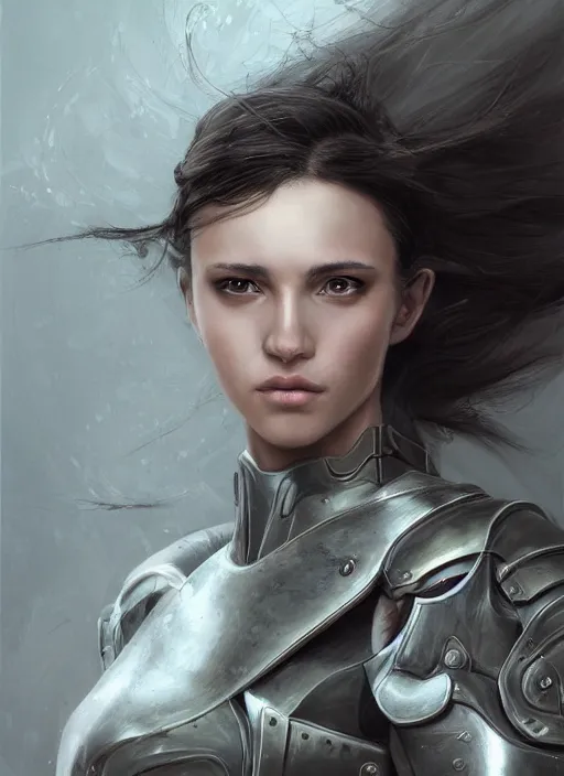 Image similar to a professional photographic portrait of a beautiful young female, clothed in battle armor, exposed waist, olive skin, long dark hair, beautiful bone structure, symmetrical facial features, intricate, elegant, digital painting, concept art, smooth, sharp focus, illustration, beautifully framed, from Metal Gear, by Ruan Jia and Mandy Jurgens and Artgerm and William-Adolphe Bouguerea