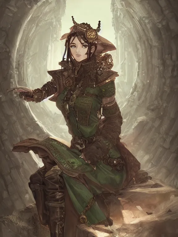 Prompt: portrait of a steampunk geomancer in the stone palace, female, pretty, tech robes, cloak, dark skin, green eyes, elf, sitting on bent knees, high fantasy, detailed face, highly detailed, monochromatic brown, digital illustration, by rossdraws
