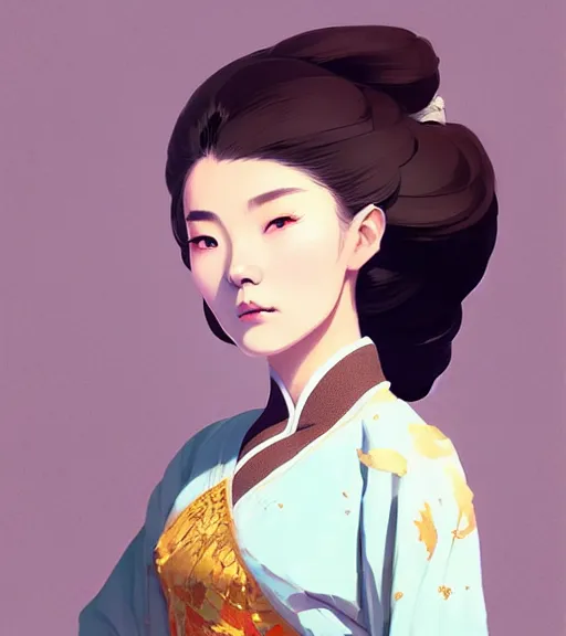 Image similar to portrait of a chinese female immortal in amazing chinese dress 汉 服 by atey ghailan, by greg rutkowski, by greg tocchini, by james gilleard, by joe fenton, by kaethe butcher, dynamic lighting, gradient light blue, brown, blonde cream and white color scheme, grunge aesthetic