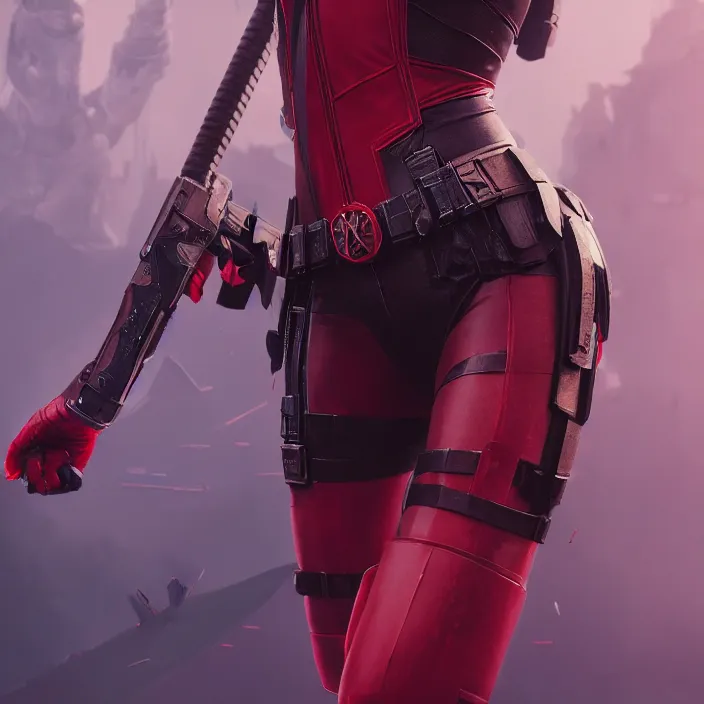 Image similar to taylor swift as lady deadpool. intricate abstract. intricate artwork. by tooth wu, wlop, beeple, dan mumford. octane render, trending on artstation, greg rutkowski very coherent symmetrical artwork. cinematic, hyper realism, high detail, octane render, 8 k, iridescent accents