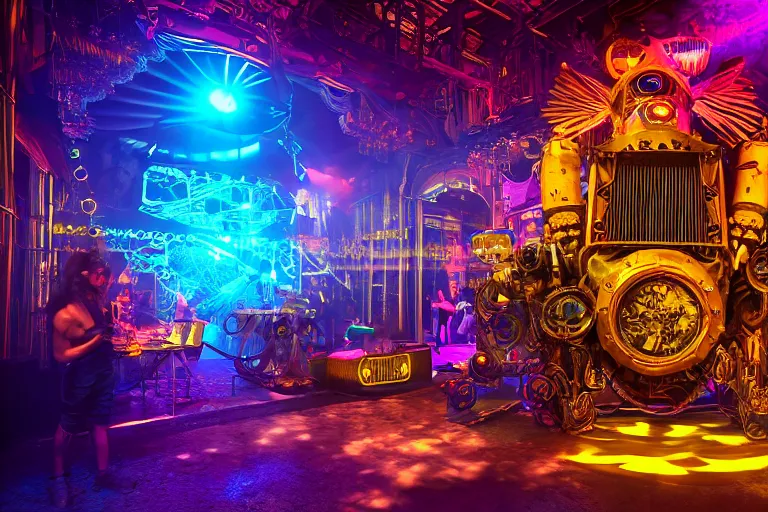 Prompt: scene is la troya party in amnesia in ibiza, portrait photo of a giant huge golden and blue metal steampunk robot, with gears and tubes, eyes are glowing red lightbulbs, shiny crisp finish, 3 d render, 8 k, insaneley detailed, fluorescent colors, haluzinogetic, background is multicolored lasershow