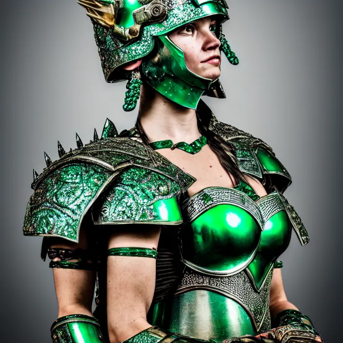 Image similar to full length photo of a beautiful strong warrior queen wearing emerald encrusted armour, highly detailed, 4 k, hdr, smooth, sharp focus, high resolution, award - winning photo