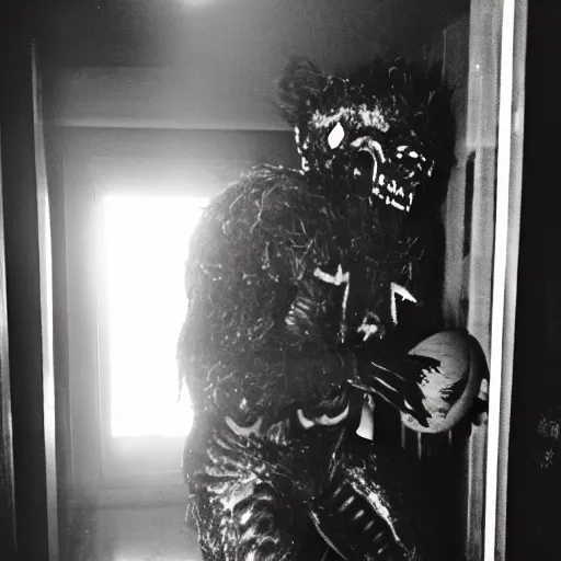 Prompt: grainy photo of an nfl linebacker as a creepy monster in a closet, harsh flash
