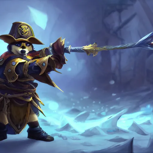 Image similar to shiba inu pirate warrior as a league of legends character, michael maurino, alex flores, paul kwon, cinematic, highly detailed, concept art, 3 d cgi, dramatic lighting, focus, smooth, heroic, hyper realistic background, in the style of league of legends, lol