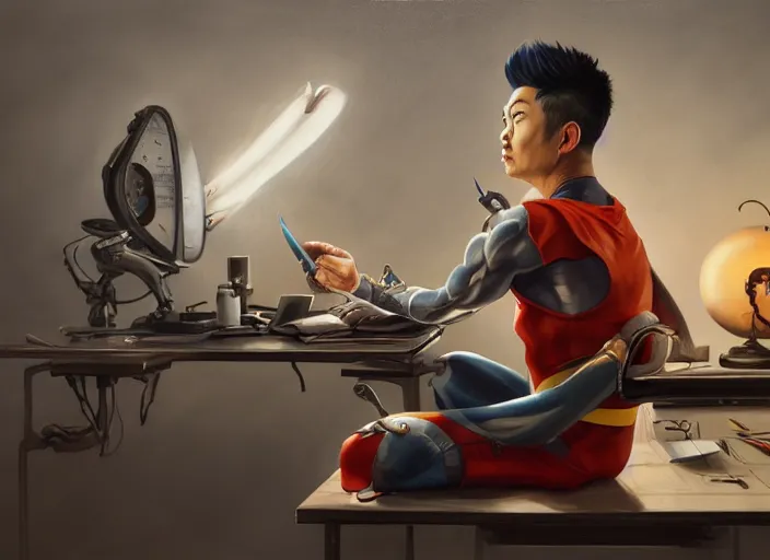 Image similar to an insanely detailed painting of an asian man wearing a homemade superhero costume, sitting at a desk, staring seriously at the computer and typing, in the style of peter mohrbacher, james jean, artgerm, dramatic lighting and composition, surreal background, octane render, pixar, trending on artstation, concept art, comic book, view from behind, 8 k