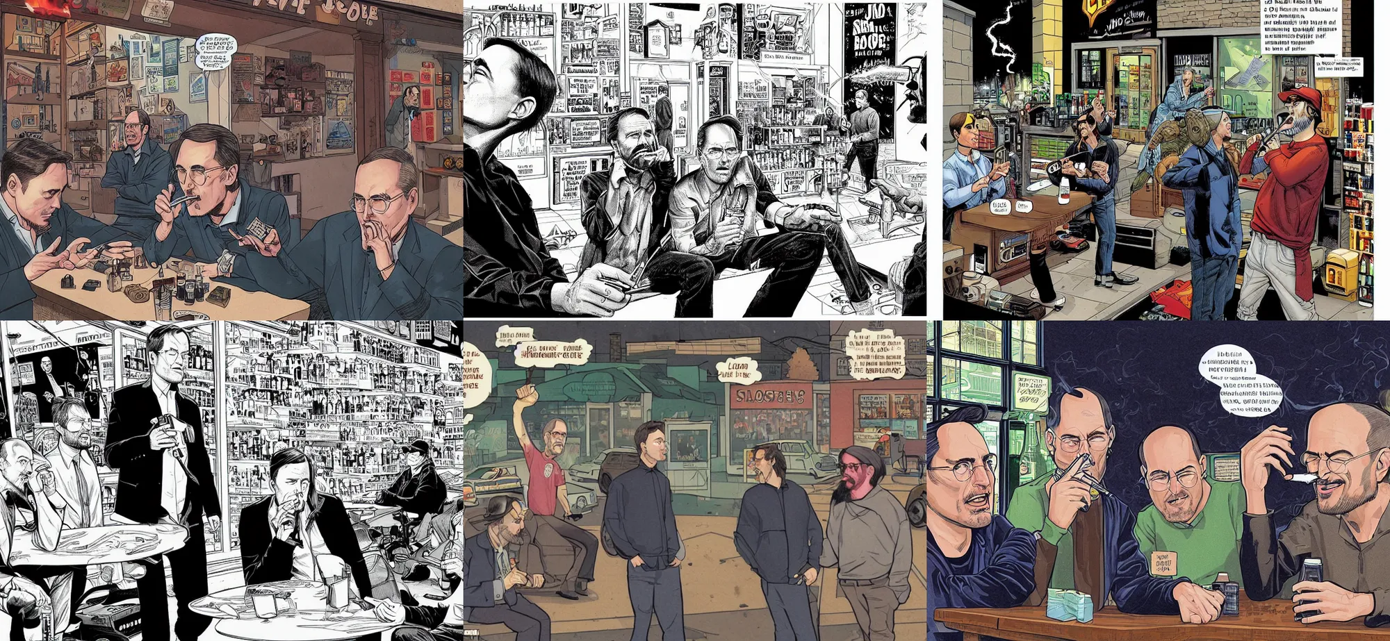 Prompt: A beautiful, stunning, extremely detailed comic book illustration by John Higgins showing Elon Musk and Steve Jobs smoking a joint with Jay and Silent Bob behind a liquor store, smoke in the air, Steve Jobs coughing